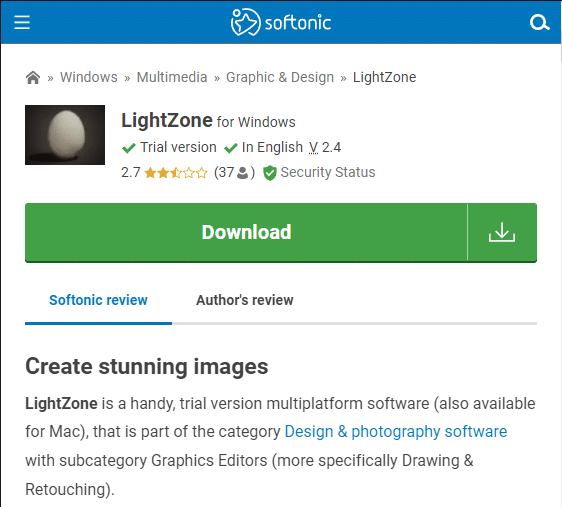 LightZone 的第三方文件托管网站下载页面