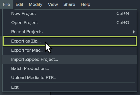 Dosya yoluyla erişilen Camtasia'da Zip İletişim Kutusu Olarak Dışa Aktar - Zip Olarak Dışa Aktar