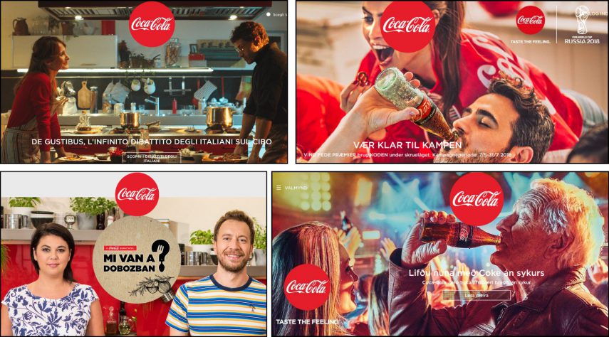 Capturas de tela de quatro anúncios diferentes da Coca-Cola em vários idiomas