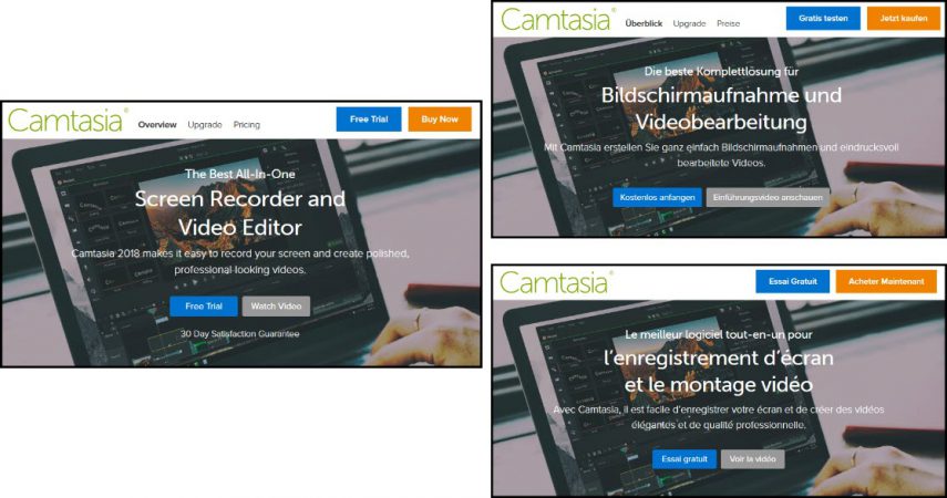 Capturas de tela da página da Web do Camtasia em três idiomas diferentes