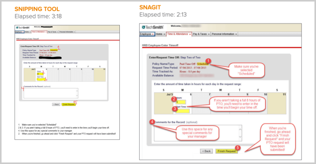 snagit vs snipping aracı zaman karşılaştırması