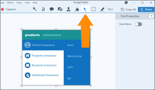 ภาพหน้าจอแสดง Move Tool ใน Snagit