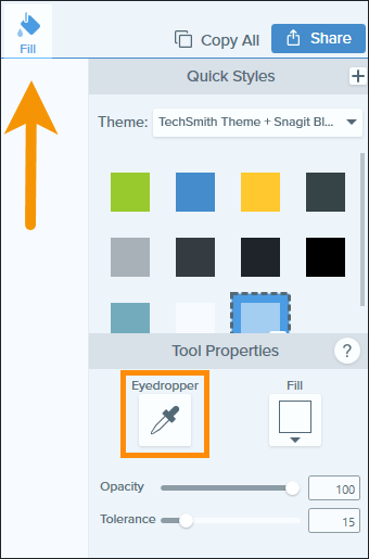 Capture d'écran montrant l'outil de remplissage et la pipette dans Snagit.