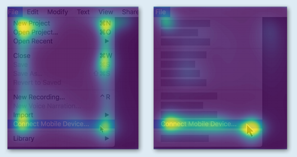 mappe di calore eye tracking di uno screenshot standard e una versione semplificata