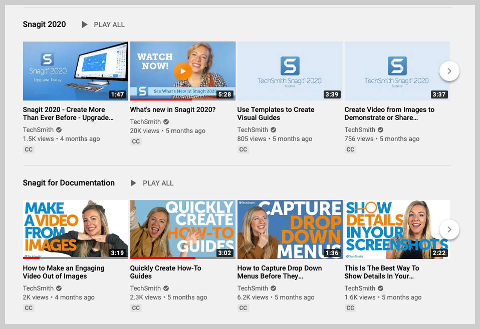 Snagit YouTube 主页。