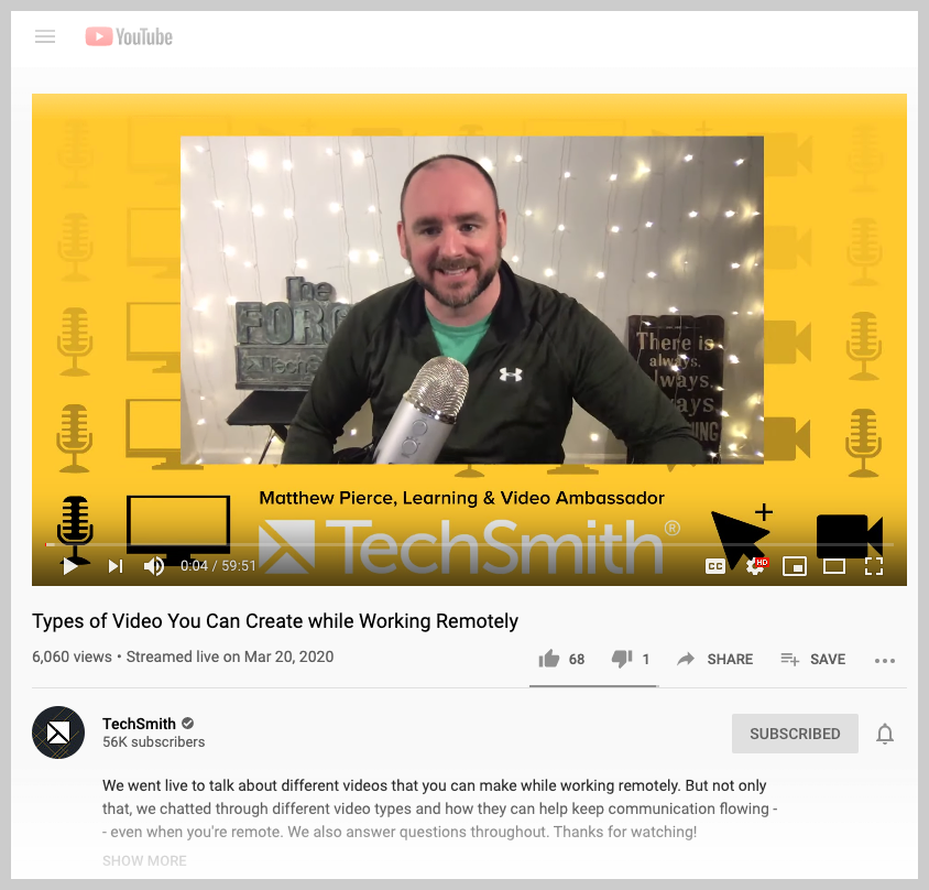 TechSmit의 Matt Pierce는 자신의 홈 스튜디오에서 비디오를 녹화하고 있습니다.