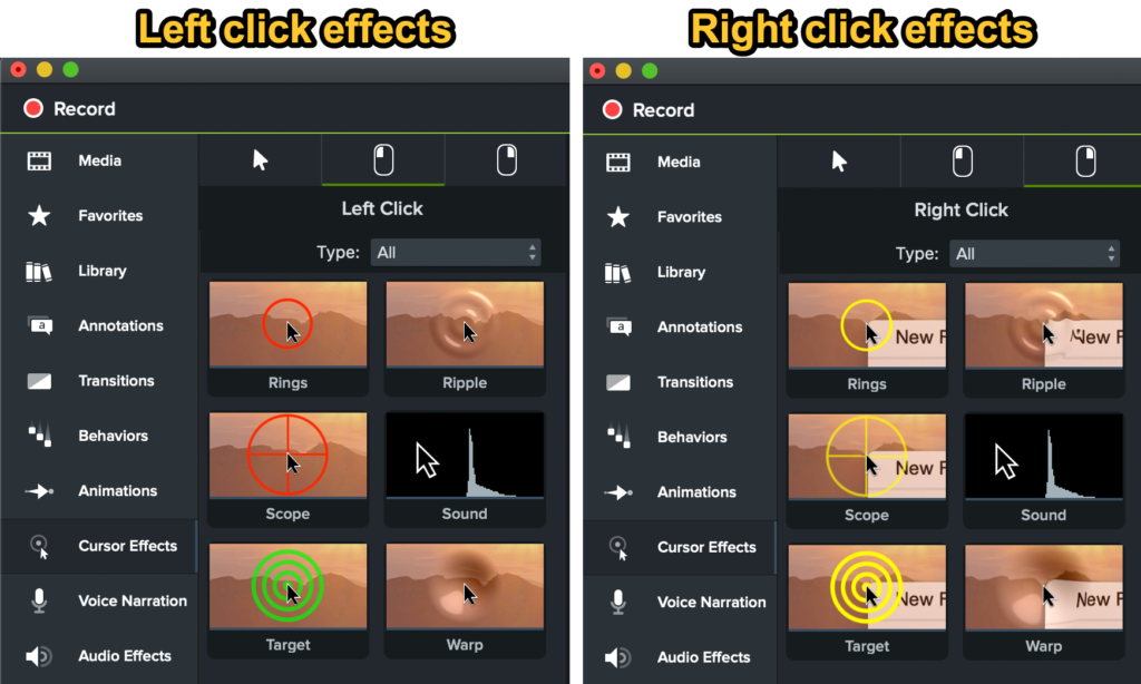 Efek klik kanan dan kiri Camtasia.