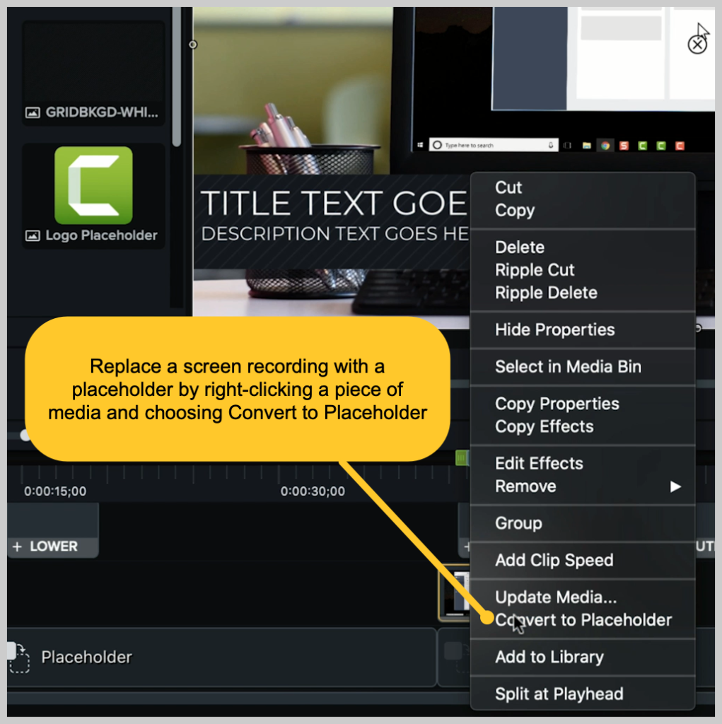 screenshot di camtasia come convertire un segnaposto in un video dimostrativo