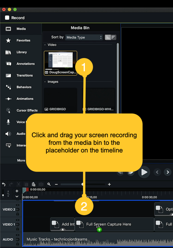 ภาพหน้าจอของ camtasia วิธีสร้างวิดีโอสาธิตการคลิกและลากสื่อ