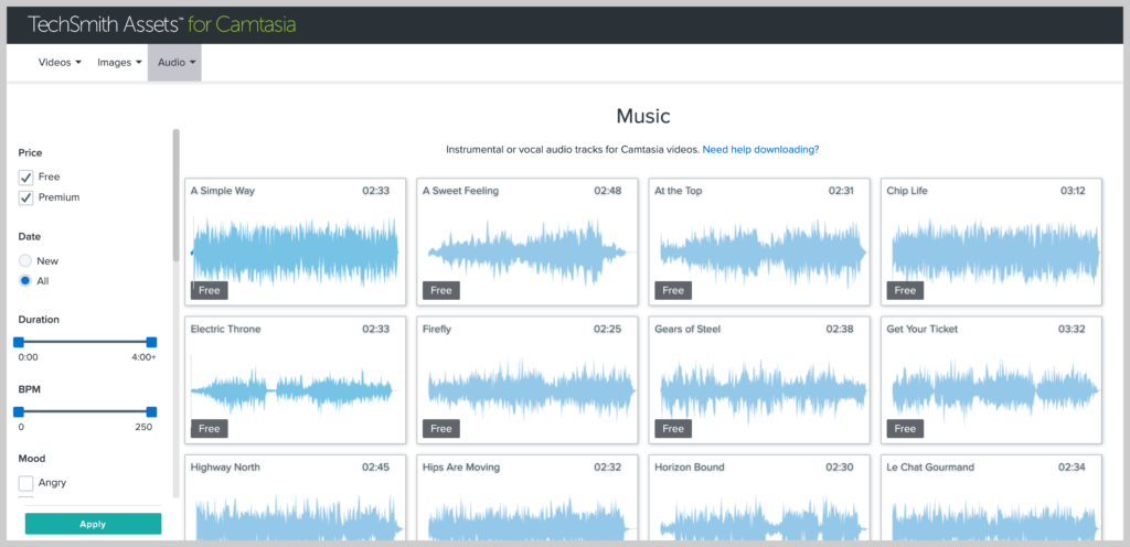 captura de pantalla de la música en TechSmith Assets