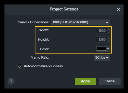 Captura de tela mostrando as opções de largura, altura e cor nas configurações do projeto no Camtasia.