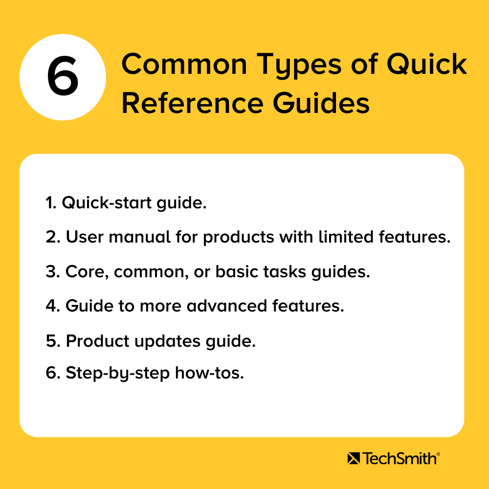 Six types courants de guides de référence rapide. Le contenu est répété dans le texte ci-dessous.