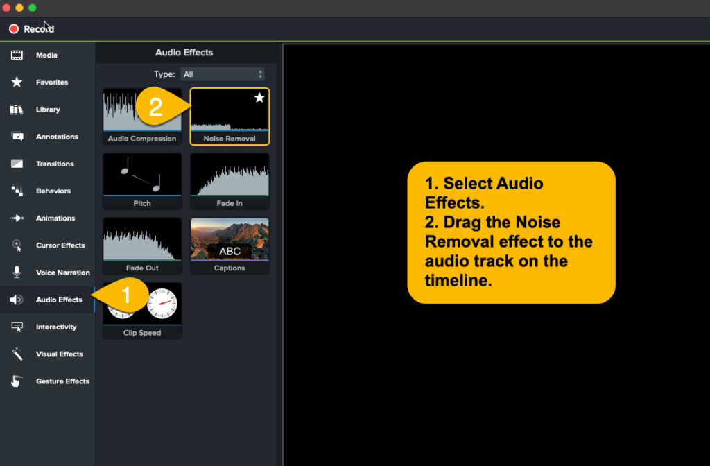 Il pannello degli effetti audio di Camtasia.