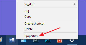 wybierz polecenie właściwości w menu kontekstowym skrótów na pasku zadań