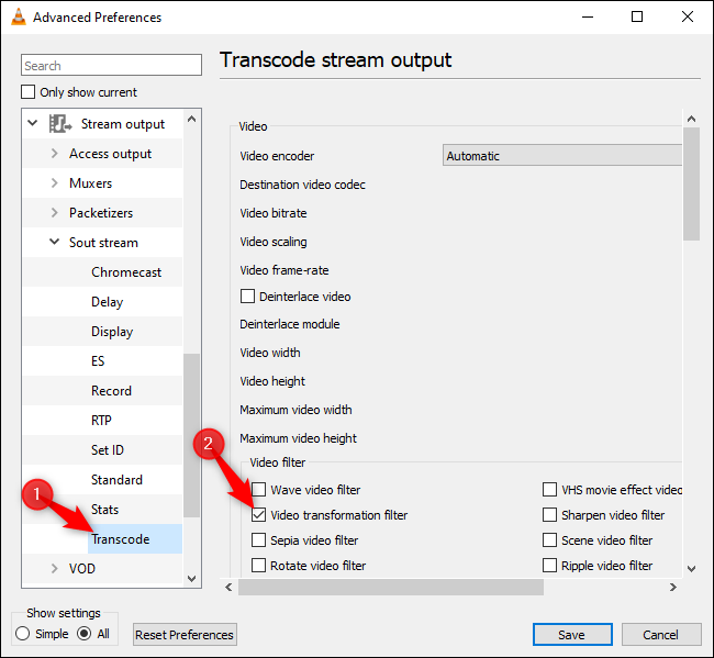 VLC'nin gelişmiş tercihlerinde Transcode altında Video dönüştürme seçeneğinin etkinleştirilmesi.