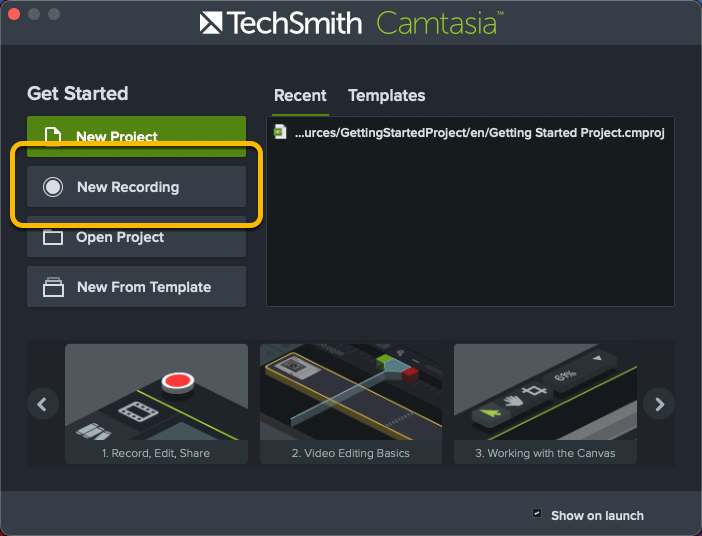 Na janela do Camtasia, clique em Nova Gravação.