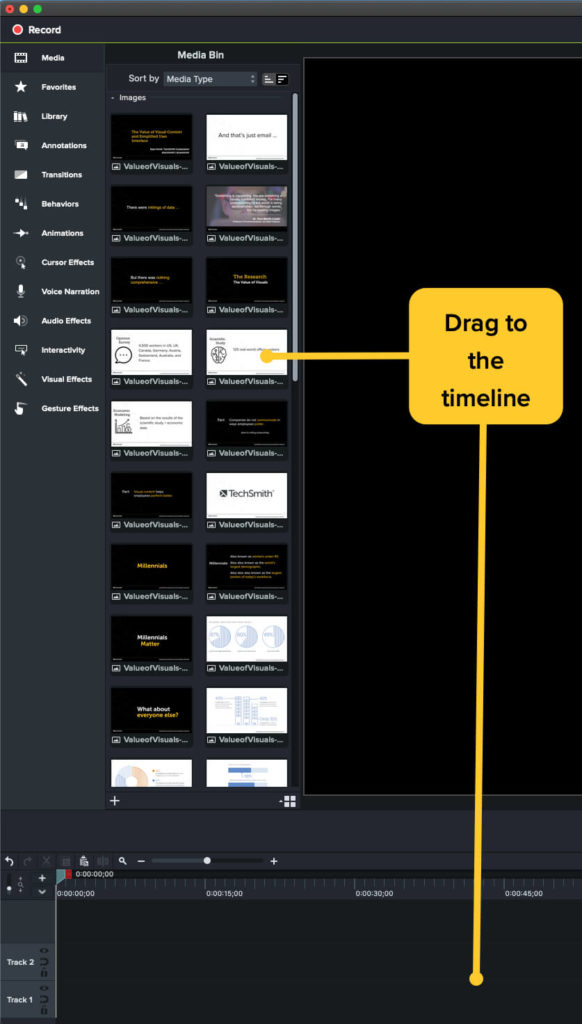 メディアをCamtasiaタイムラインにドラッグします。