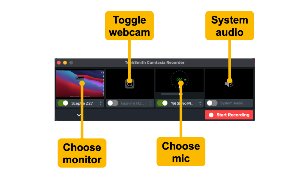 Na janela de gravação, você pode escolher seu monitor, ativar/desativar sua webcam, escolher seu microfone e ativar ou desativar o áudio do sistema.