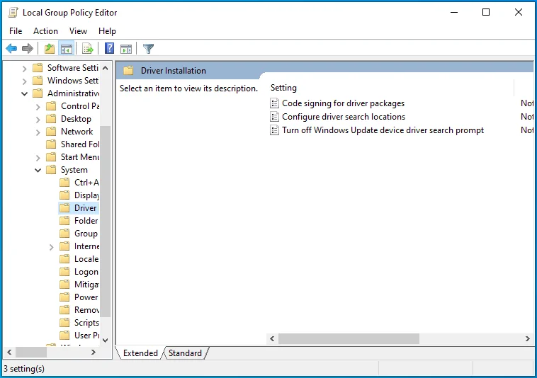 Fare clic su Configurazione utente > Modelli amministrativi > Sistema > Installazione driver.