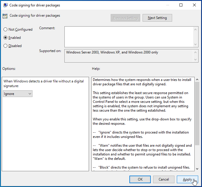 Klicken Sie auf Anwenden und OK, um die Code Signing-Änderungen zu speichern.