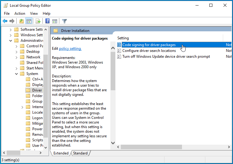 Ouvrez "Signature de code pour les packages de pilotes".