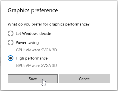 Selectați High Performance și faceți clic pe Salvare.