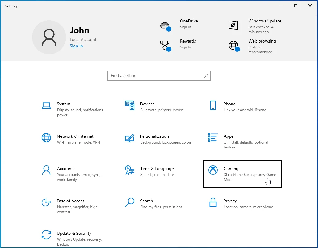 Seleccione Juegos en el menú Configuración.