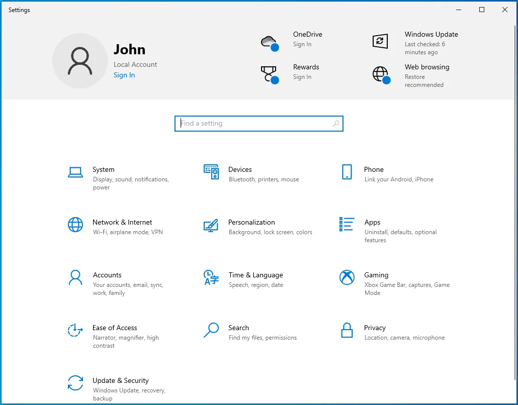 Inicie la aplicación Configuración.