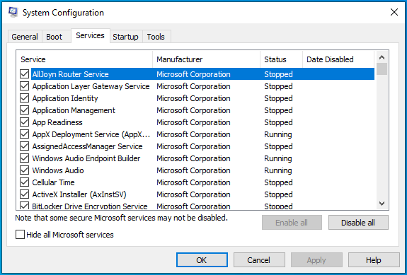 Vaya a la pestaña Servicios en la ventana Configuración del sistema.