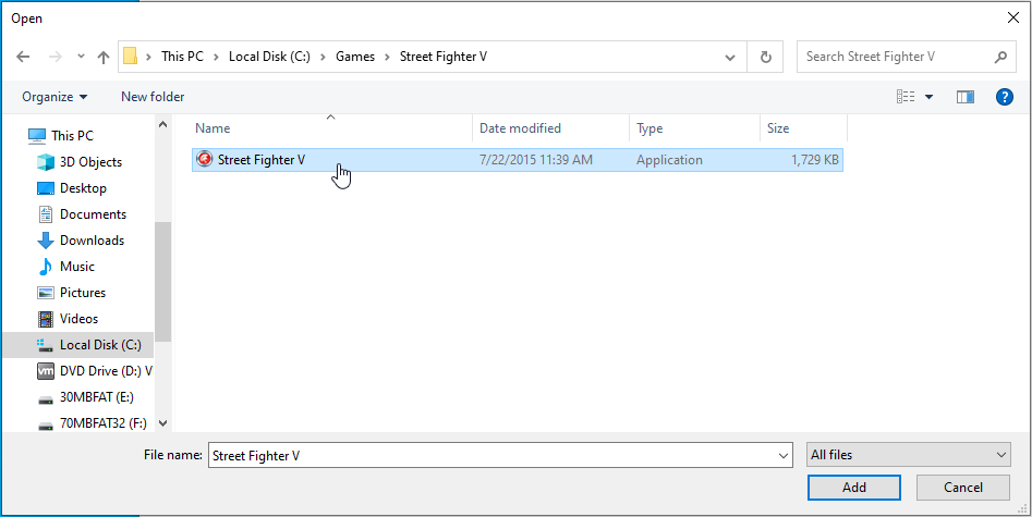 Navega hasta Street Fighter V y haz clic en el archivo.