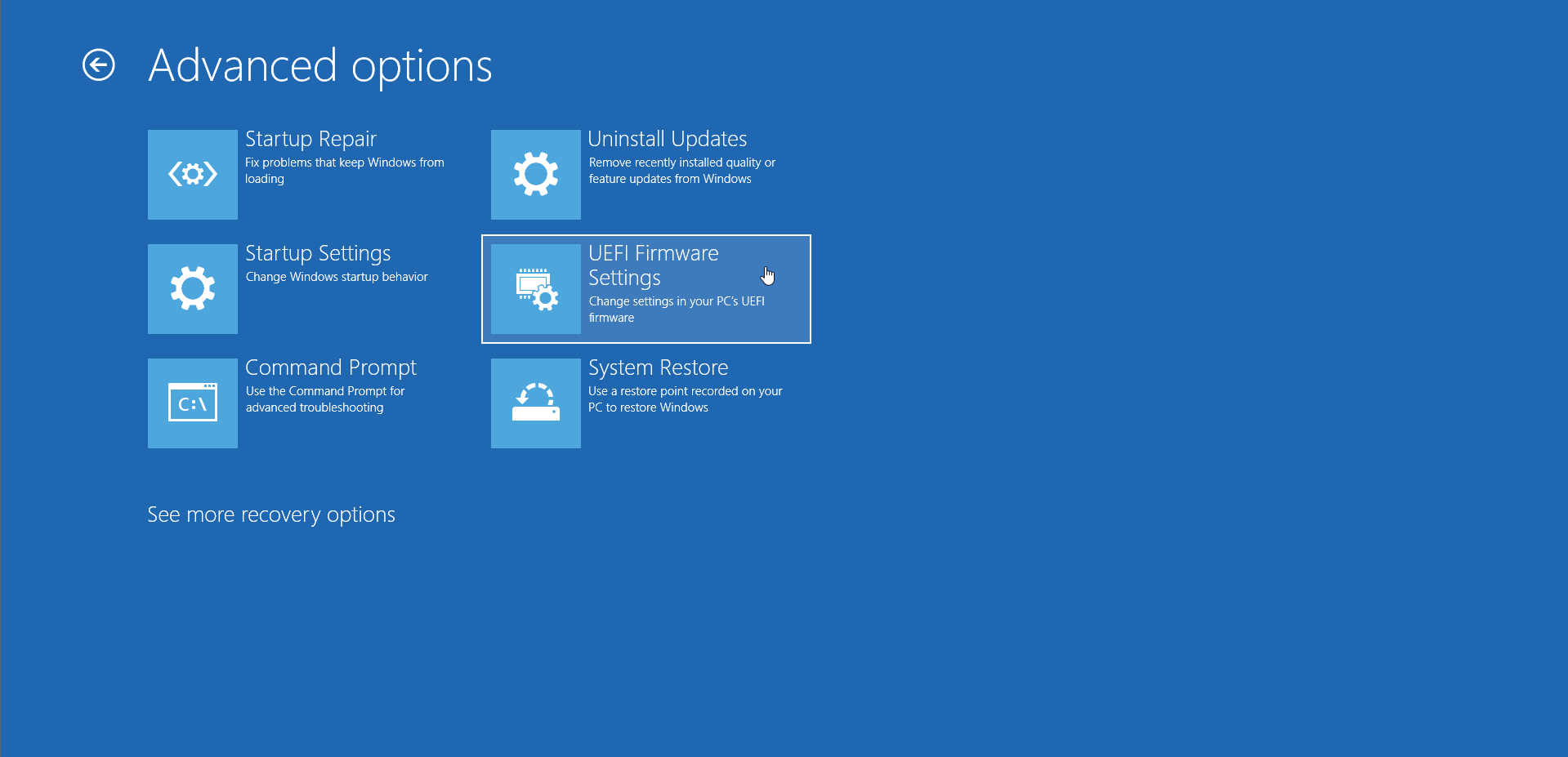 Selectați Setări firmware UEFI din Opțiuni avansate.