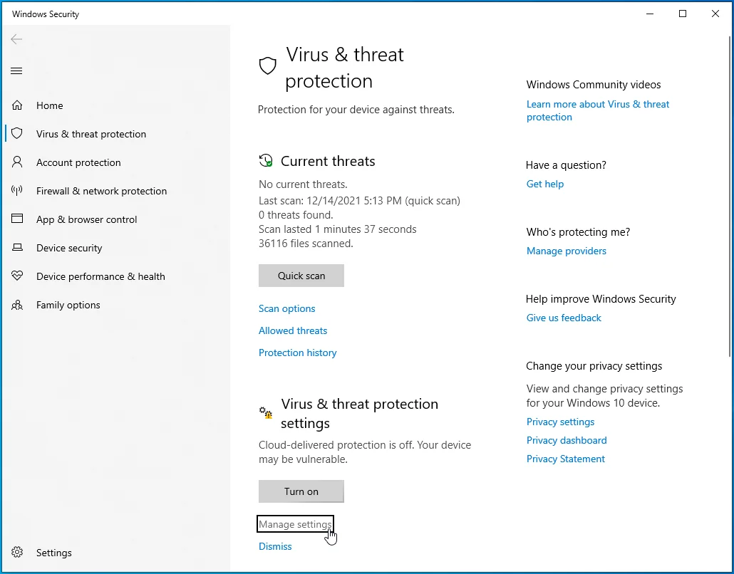 انقر فوق "إدارة الإعدادات" في شاشة Windows والحماية من التهديدات.