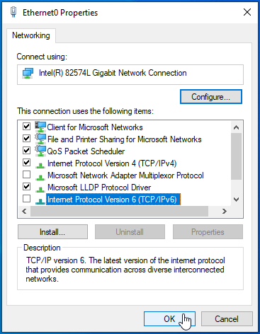 인터넷 프로토콜 버전 6(TCP/IPv6)을 비활성화하고 확인을 클릭합니다.