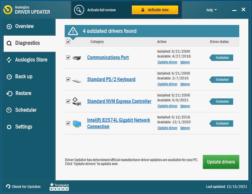 更新が必要なドライバーのリストが表示されます。