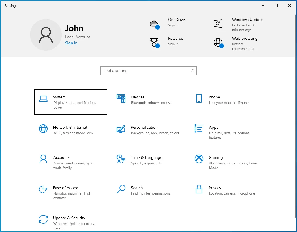 Haga clic en el icono del sistema de Configuración.