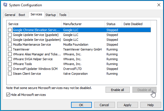 [システム構成]ウィンドウで[すべて無効にする]をクリックします。