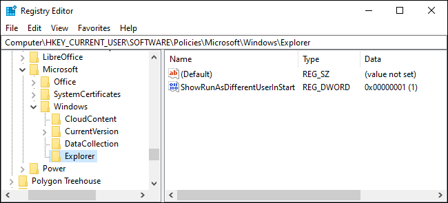 Visualización de la subclave Explorer en el editor de registro