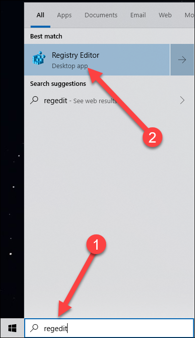 Démarrer la recherche dans le menu avec des flèches pointant vers la recherche regedit et le résultat de l'éditeur de registre.