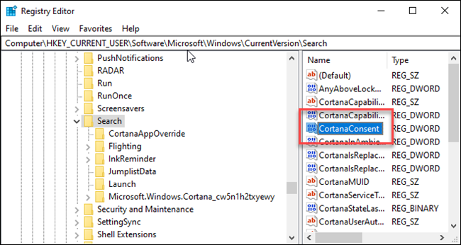 Registrierungseditor mit Box um CortanaConsent DWORD.