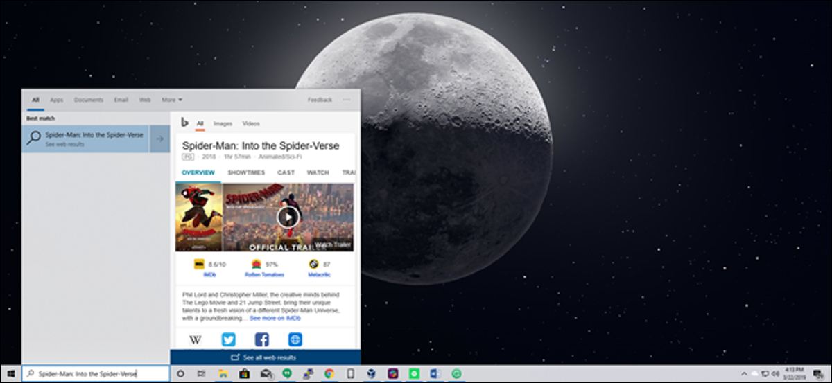 Căutare în meniul Start din Windows 10 cu rezultatele web Bing pentru Spider-Man: In the Spider-Verse