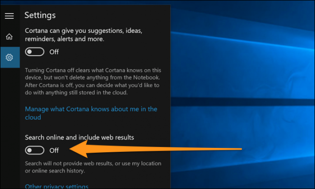 A opção de desabilitar os resultados da pesquisa na web na versão original do Windows 10