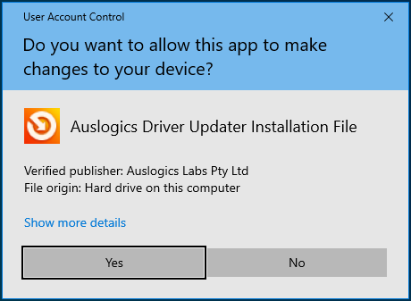 單擊“是”以允許 Auslogics Driver Updater 對您的系統進行更改。