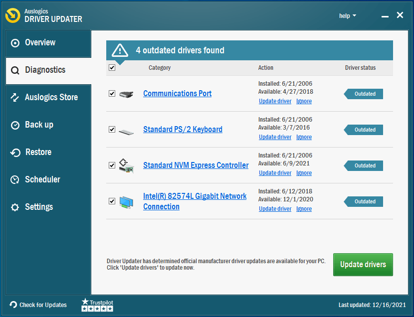 Verá los controladores que necesita actualizar.