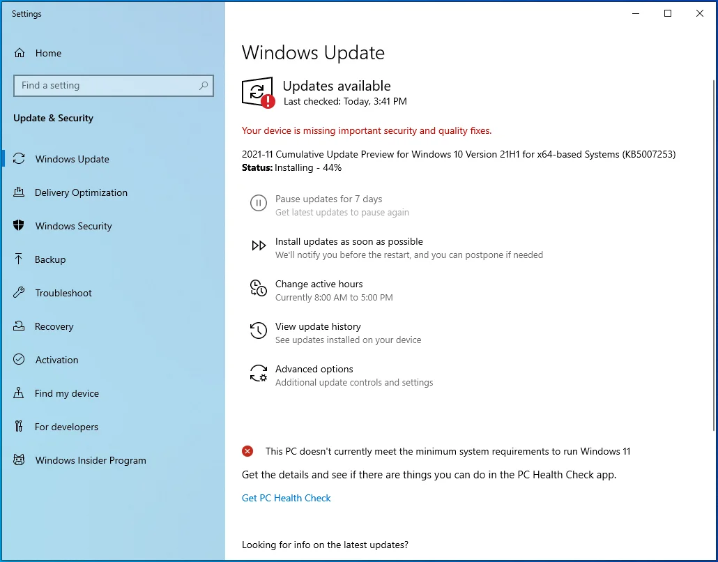 Windows Update installera les mises à jour disponibles.