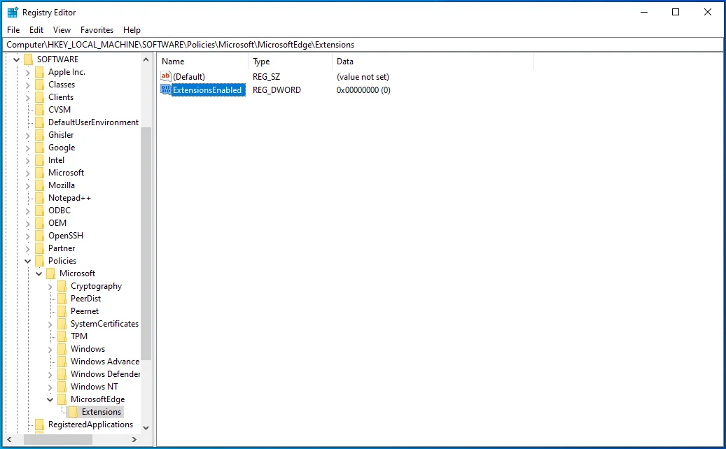 Faceți dublu clic pe ExtensionsEnabled.