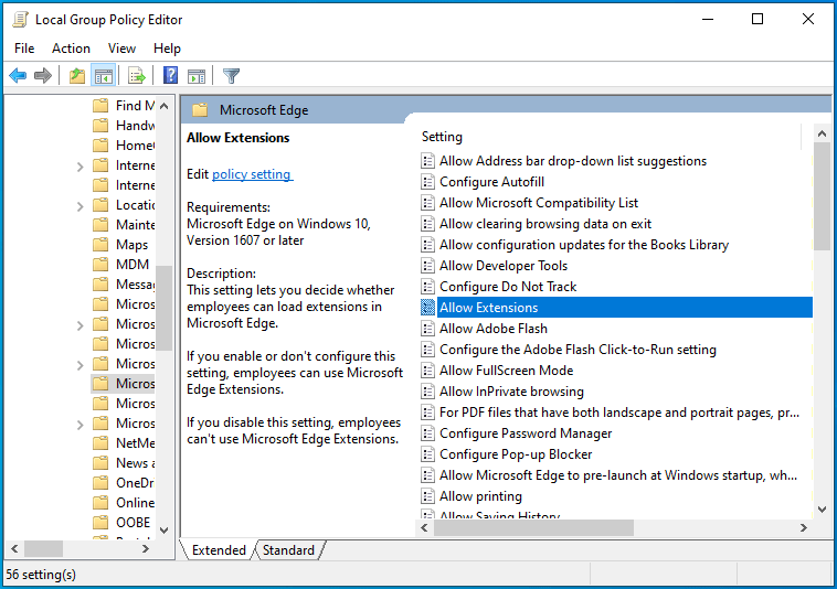 Navegue até a política Permitir Extensões.