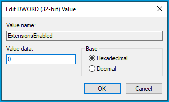 Baseを16進数に設定し、Valueデータを0に設定します。