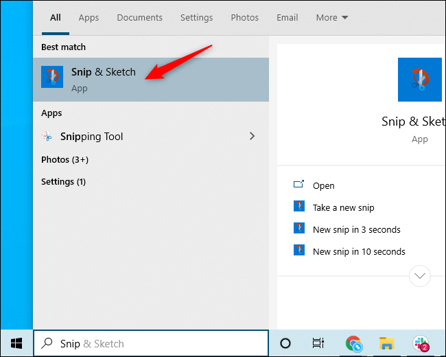 O atalho do aplicativo "Snip & Sketch" no menu Iniciar do Windows 10.