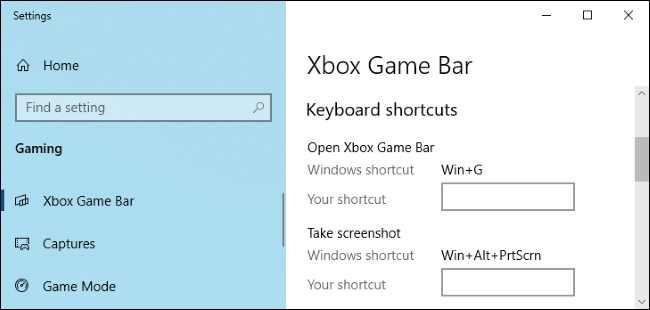 Windows10の設定アプリのXboxゲームバーオプション。