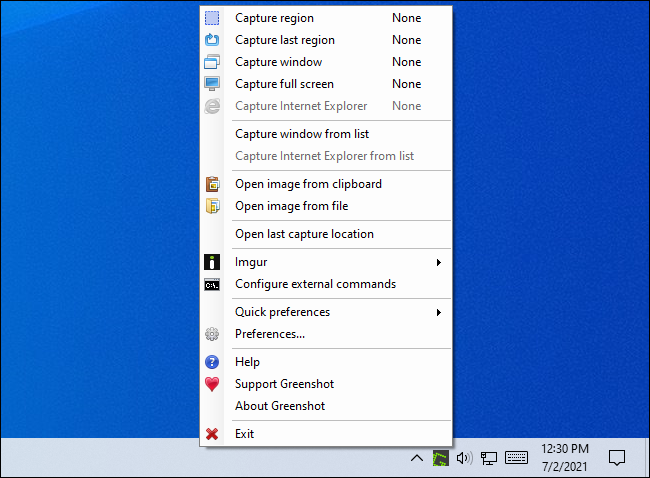 Greenshot 的系统托盘菜单。